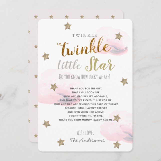 Twinkle Little Star Baby Dusche Pink Vielen Dank Einladung (Vorne/Hinten)