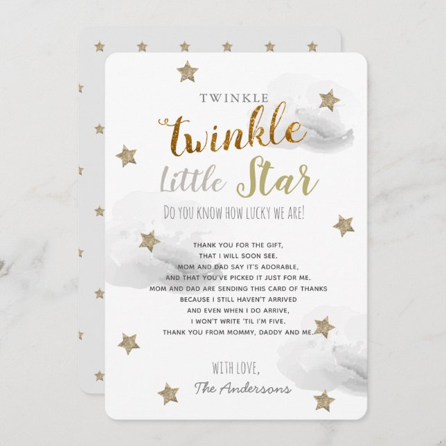 Twinkle Little Star Baby Shower Grau Vielen Dank Einladung (Vorne/Hinten)