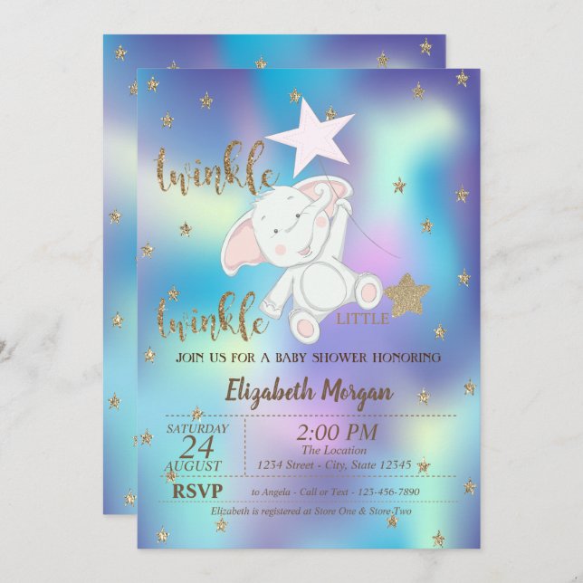 Twinkle Little Star Bear Holographic Baby Shower Einladung (Vorne/Hinten)