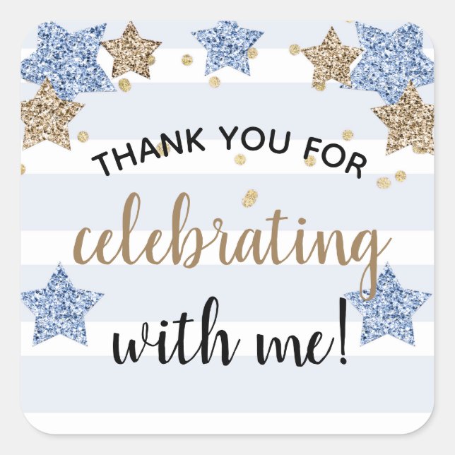 Twinkle Little Star Birthday Boy Blue Gold Quadratischer Aufkleber (Vorderseite)