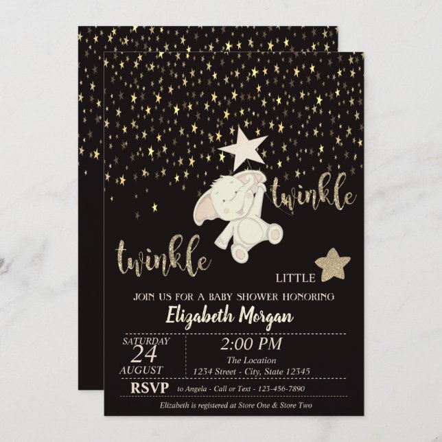 Twinkle Little Star Black, Gold, Bear Baby Dusche Einladung (Vorne/Hinten)