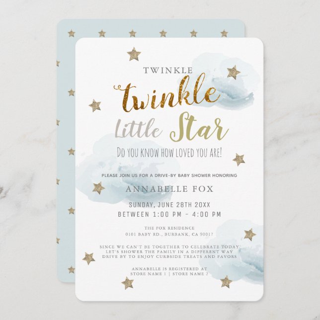 Twinkle Little Star Blue Boy Drive-by Baby Shower Einladung (Vorne/Hinten)