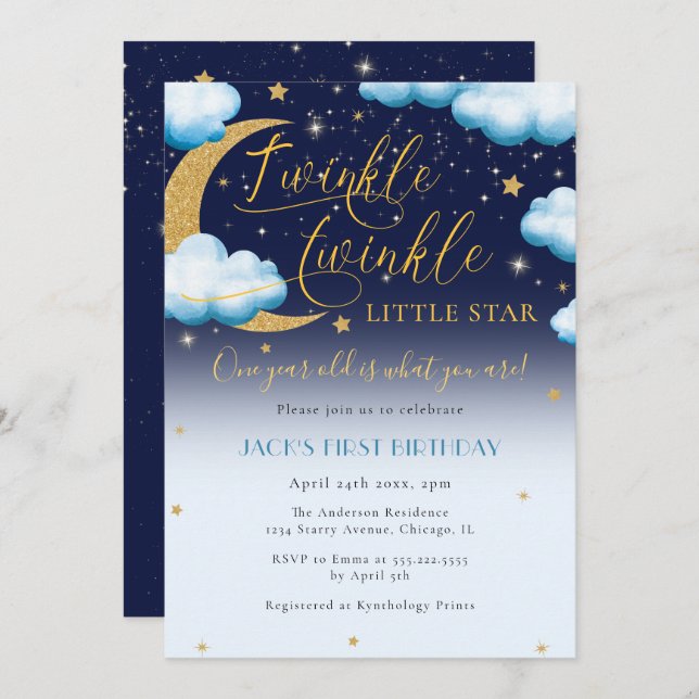 Twinkle Little Star Blue Boy Erster Geburtstag Einladung (Vorne/Hinten)