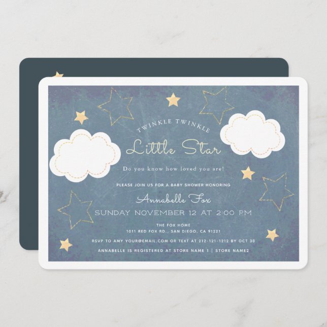 Twinkle Little Star Blue Chalkboard Baby Dusche Einladung (Vorne/Hinten)