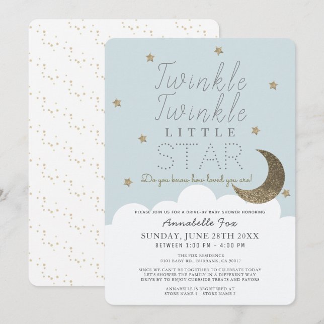 Twinkle Little Star Blue Drive by Baby Shower Einladung (Vorne/Hinten)