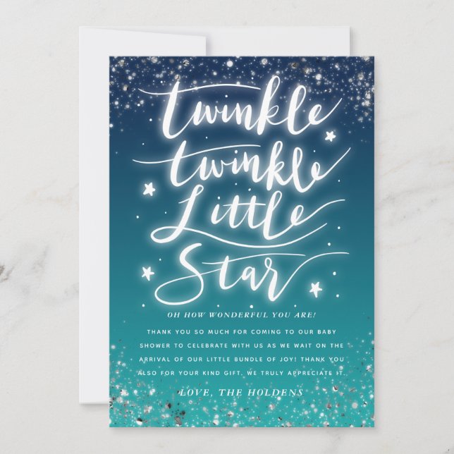Twinkle Little Star Blue Ombre Babydusche Dankeskarte (Vorderseite)