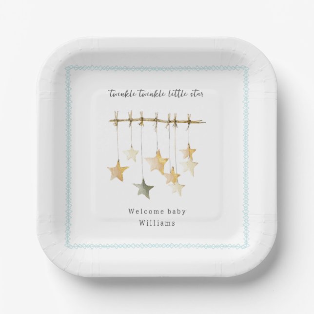 Twinkle Little Star Boho Blau Baby Shower Pappteller (Vorderseite)