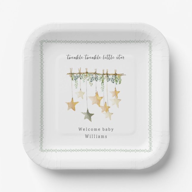 Twinkle Little Star Boho Botanical Baby Shower Pappteller (Vorderseite)