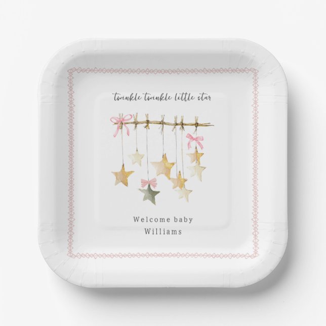 Twinkle Little Star Boho Bows Baby Shower Pappteller (Vorderseite)