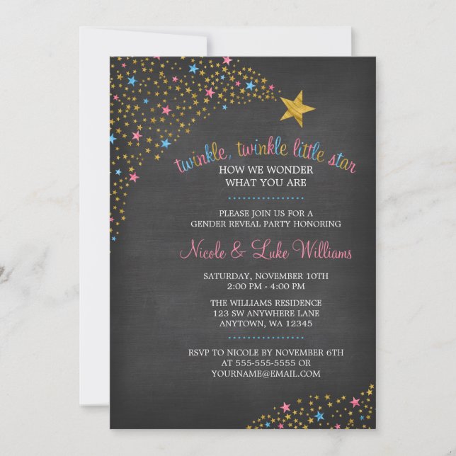 Twinkle Little Star Chalkboard Gender Reveal Party Einladung (Vorderseite)