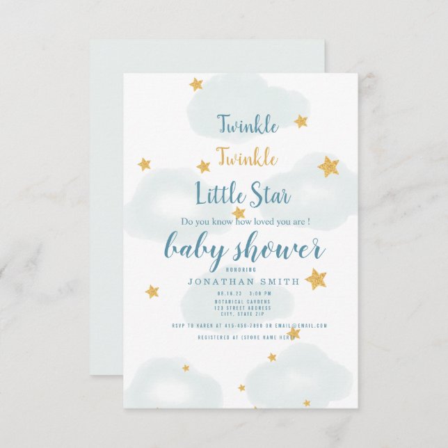 Twinkle Little Star & Cloud Baby Dusche Einladung (Vorne/Hinten)