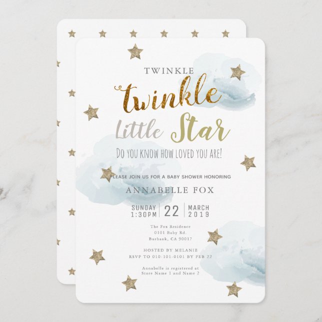 Twinkle Little Star & Cloud Baby Dusche Einladung (Vorne/Hinten)
