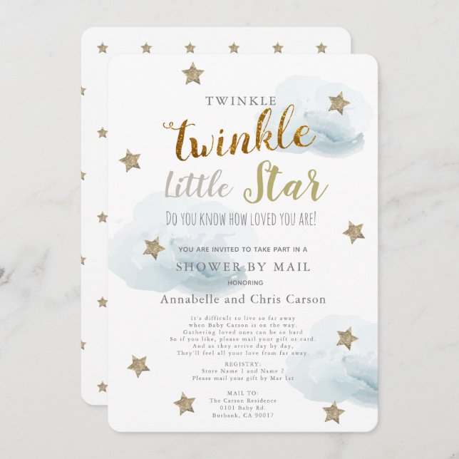 Twinkle Little Star & Cloud Baby Dusche per Mail Einladung (Vorne/Hinten)