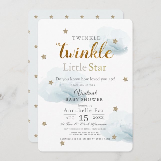 Twinkle Little Star Cloud Blue Virtual Baby Dusche Einladung (Vorne/Hinten)
