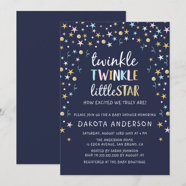 Twinkle Little Star Confetti & Blue Baby Dusche Einladung (Vorne/Hinten)
