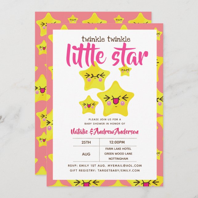 Twinkle Little Star Dusche Rosa Gelb Moderne Niedl Einladung (Vorne/Hinten)