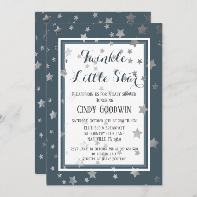 Twinkle Little Star Dusty Blue Boy Baby Dusche Einladung (Vorne/Hinten)
