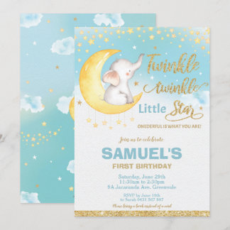 Twinkle Little Star Elefant 1. Geburtstag Junge Einladung