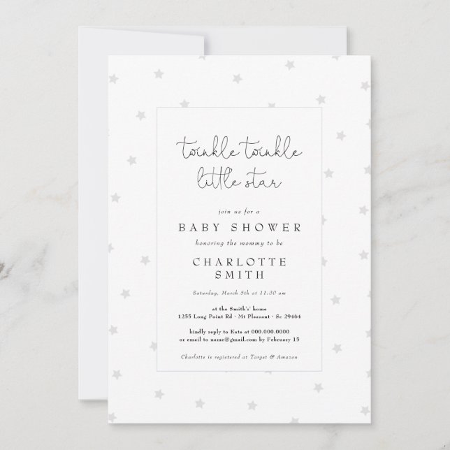 Twinkle Little Star Elegant Baby Shower Gray Einladung (Vorderseite)