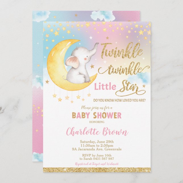 Twinkle Little Star Elephant Baby Shower Girl Einladung (Vorne/Hinten)