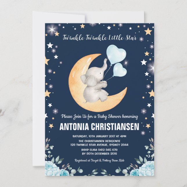 Twinkle Little Star Elephant Moon Baby Boy Dusche Einladung (Vorderseite)