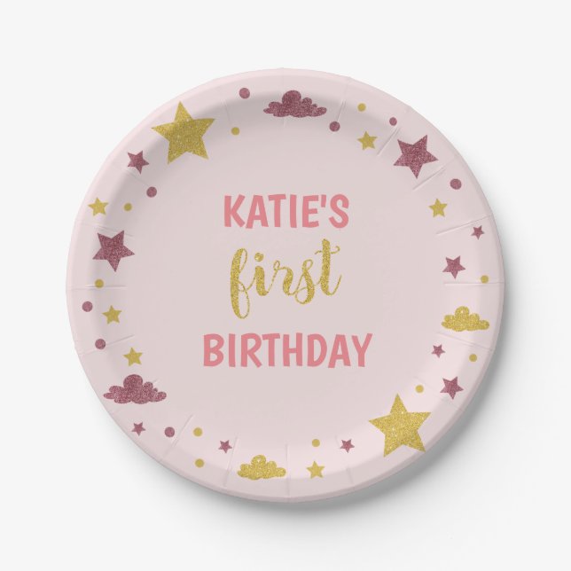 Twinkle Little Star First Birthday Baby pink Pappteller (Vorderseite)