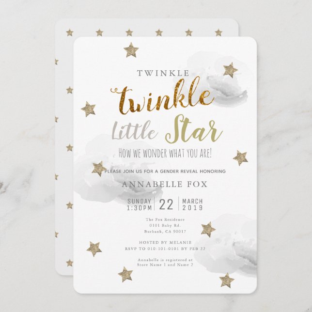 Twinkle Little Star Gender Reveal Baby Shower Einladung (Vorne/Hinten)