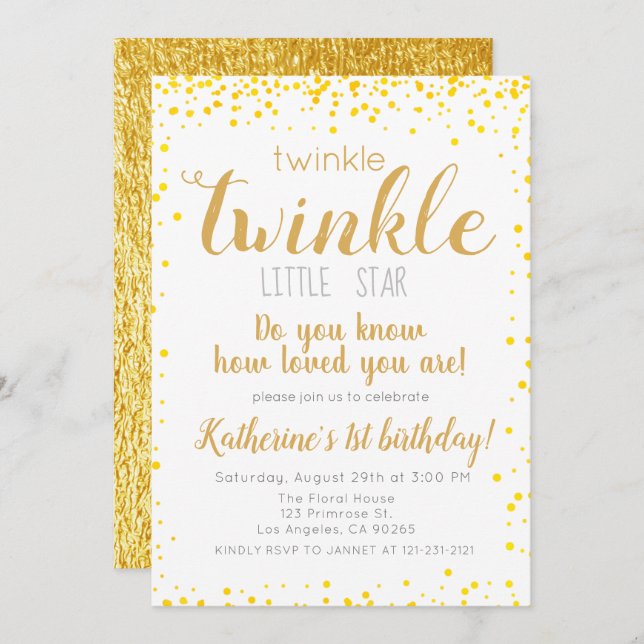 Twinkle Little Star Girls Gold Glitzer Geburtstag Einladung (Vorne/Hinten)