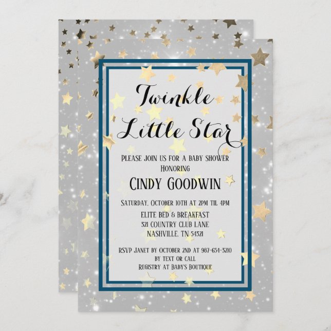 Twinkle Little Star Gold Glitzer Baby Dusche Einladung (Vorne/Hinten)