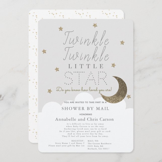 Twinkle Little Star Gray Baby Dusche von Mail Einladung (Vorne/Hinten)