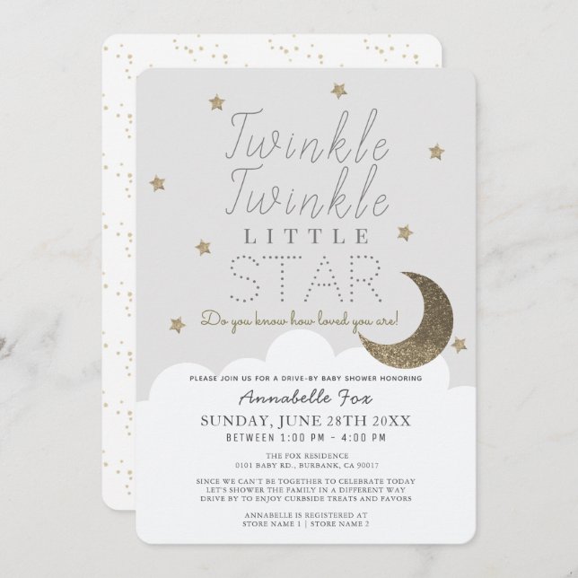 Twinkle Little Star Gray Drive-by Baby Shower Einladung (Vorne/Hinten)