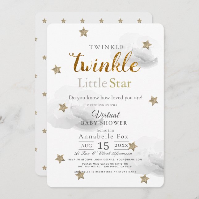 Twinkle Little Star Gray Virtual Baby Dusche Einladung (Vorne/Hinten)