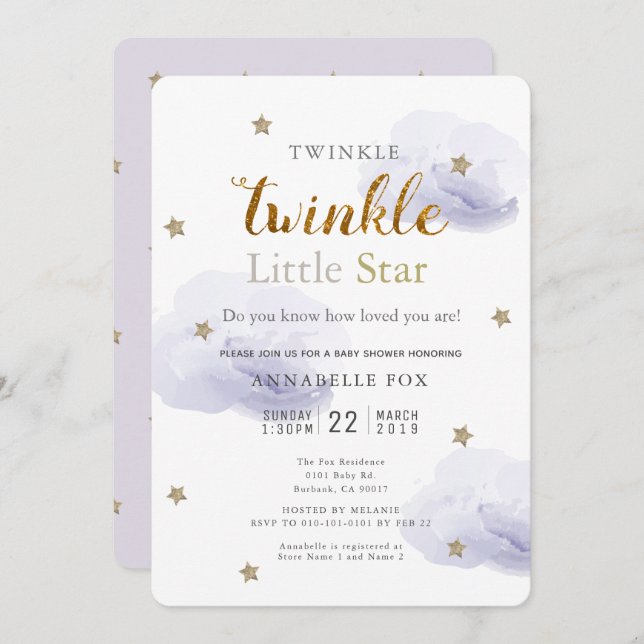 Twinkle Little Star Lavender Baby Dusche Einladung (Vorne/Hinten)