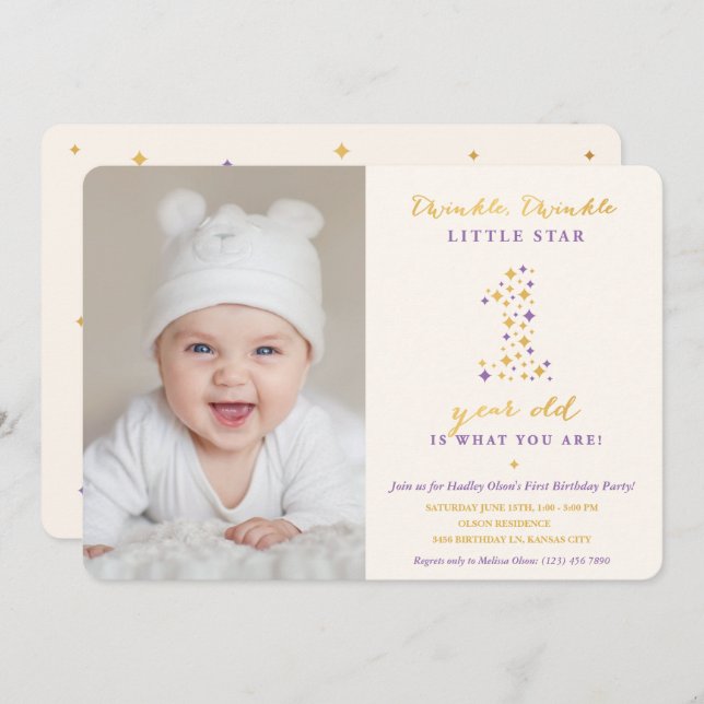 Twinkle Little Star Lavender & Gold Erster Geburts Einladung (Vorne/Hinten)