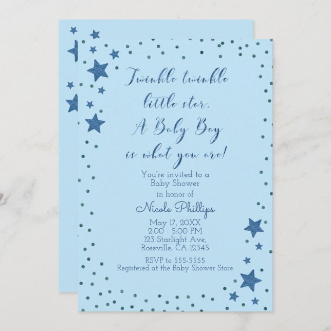 Twinkle Little Star Light Blue Boy Baby Dusche Einladung (Vorne/Hinten)