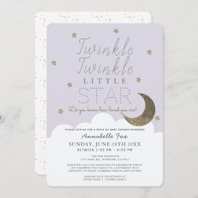 Twinkle Little Star Lilac Drive-by Baby Shower Einladung (Vorne/Hinten)