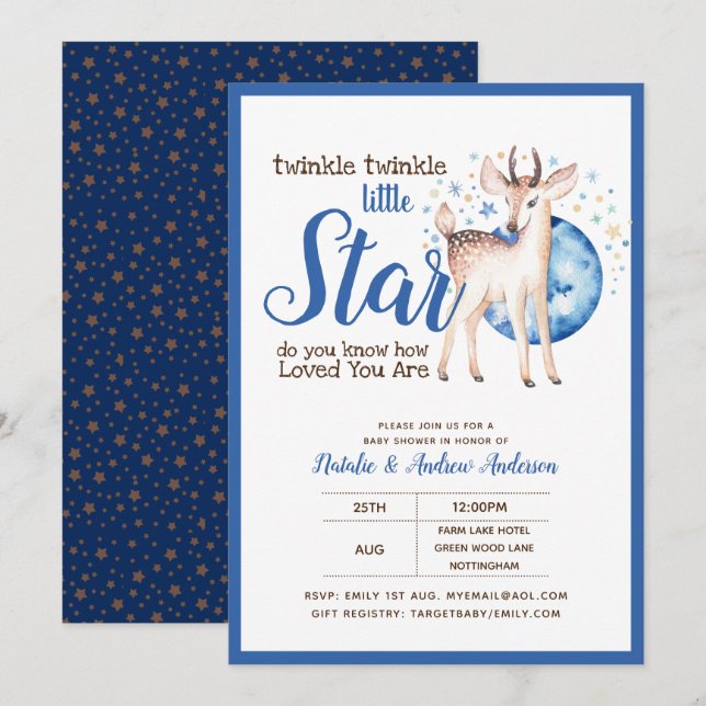 Twinkle Little Star Little Deer Blue Einladung (Vorne/Hinten)