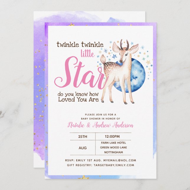 Twinkle Little Star Little Deer Pink Gold Moderne Einladung (Vorne/Hinten)