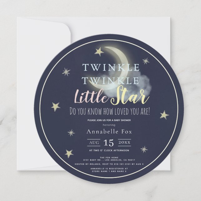 Twinkle Little Star Navy Blue Circle Baby Dusche Einladung (Vorderseite)