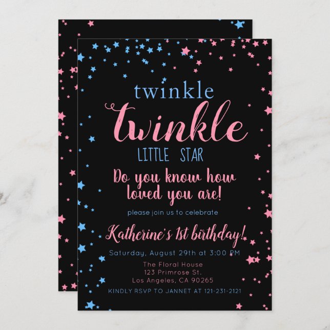 Twinkle Little Star Neutral Girl & Boy Geburtstag Einladung (Vorne/Hinten)