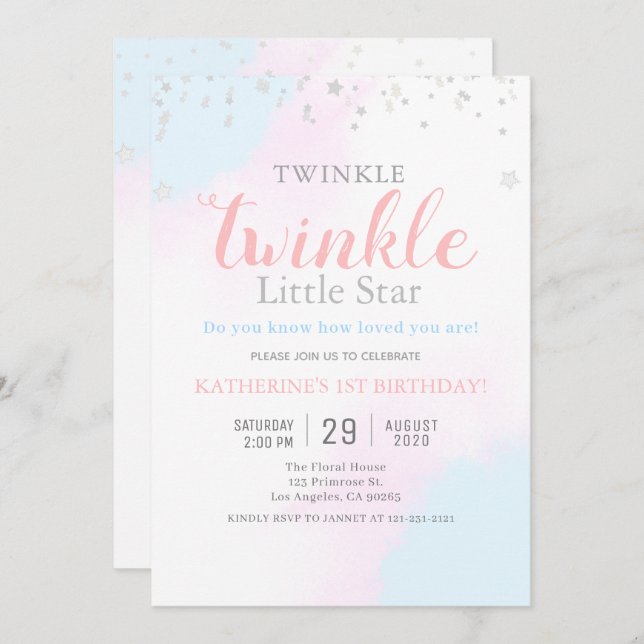 Twinkle Little Star Neutral Girl & Boy Geburtstag Einladung (Vorne/Hinten)