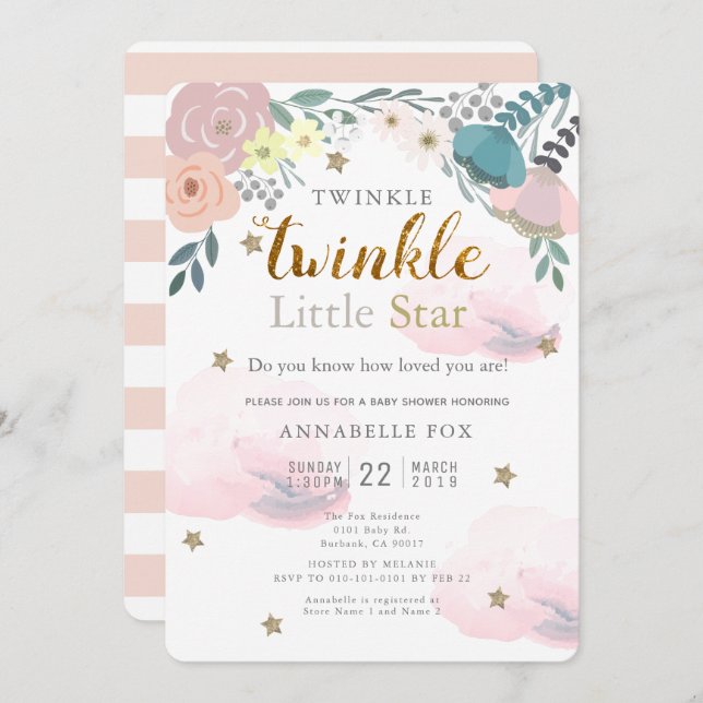 Twinkle Little Star Pink Floral Baby Dusche Einladung (Vorne/Hinten)