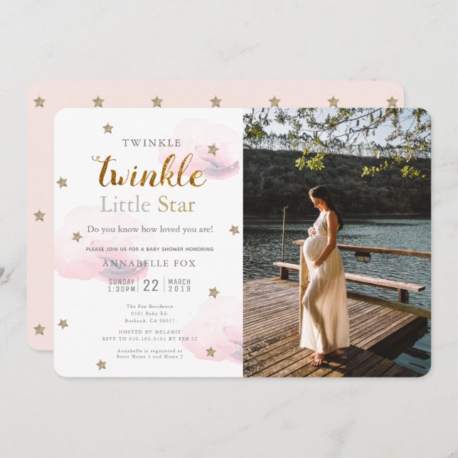 Twinkle Little Star Pink Foto Babydusche Einladung (Vorne/Hinten)