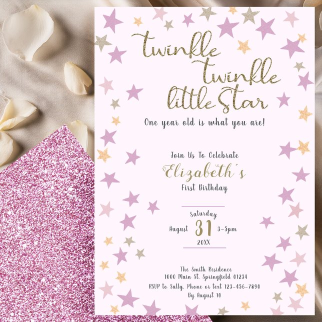 Twinkle Little Star Pink Girl 1st Birthday Einladung (Von Creator hochgeladen)