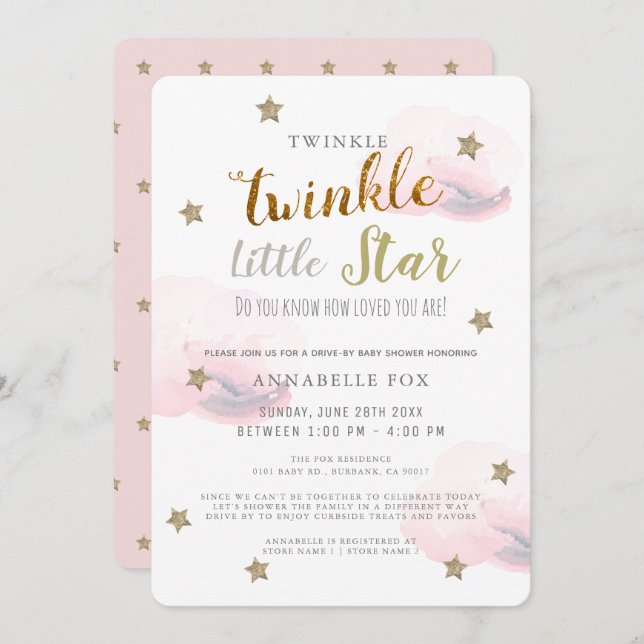 Twinkle Little Star Pink Girl Drive-by Baby Shower Einladung (Vorne/Hinten)
