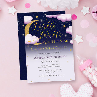 Twinkle Little Star Pink Girl Erster Geburtstag Einladung