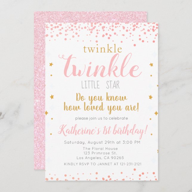 Twinkle Little Star Pink & Gold Girls 1. Geburtsta Einladung (Vorne/Hinten)