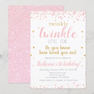 Twinkle Little Star Pink & Gold Girls 1. Geburtsta Einladung