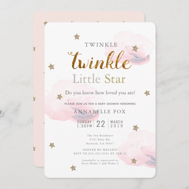 Twinkle Little Star Pink Kinderdusche Einladung (Vorne/Hinten)