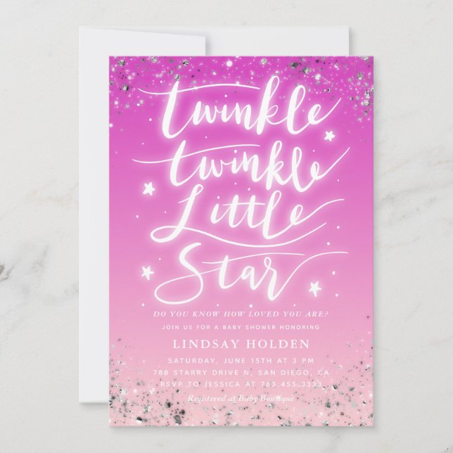 Twinkle Little Star Pink Ombre Babydusche Einladung (Vorderseite)